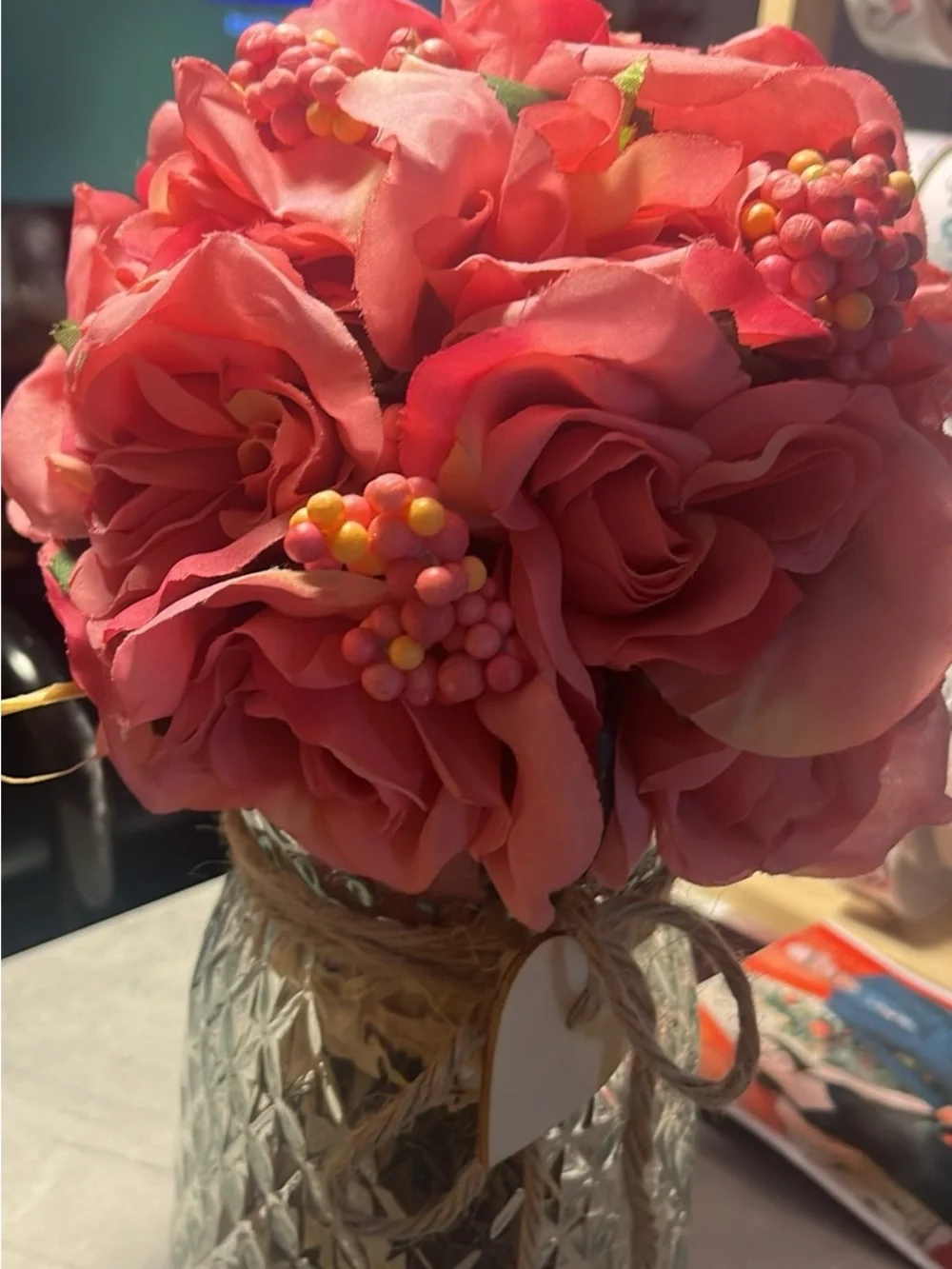 Pink Artificial Rose Bouquet in Textured Glass Vase with Jute Accent 143